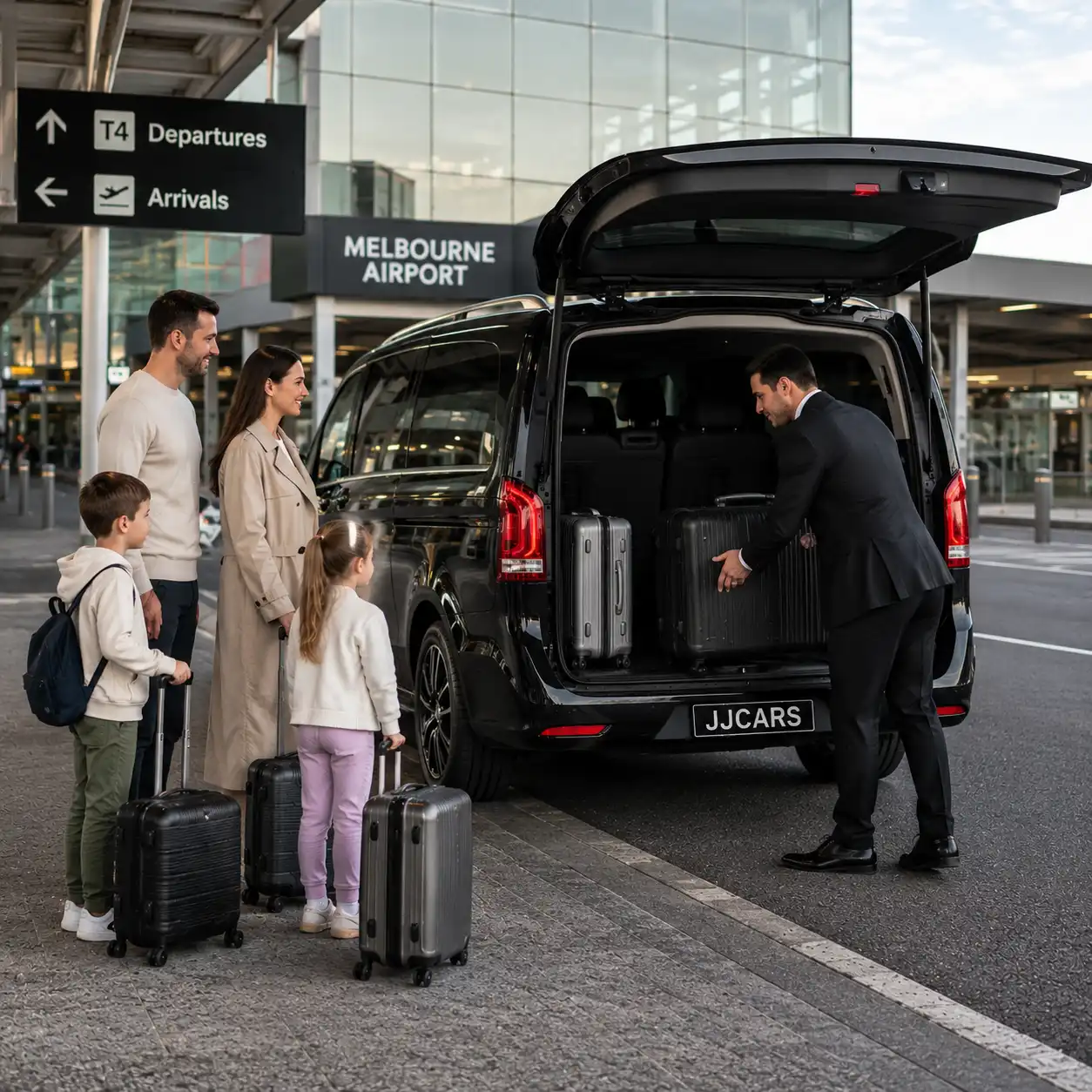 Family airport transfer with JJ Chauffeured Cars in Melbourne