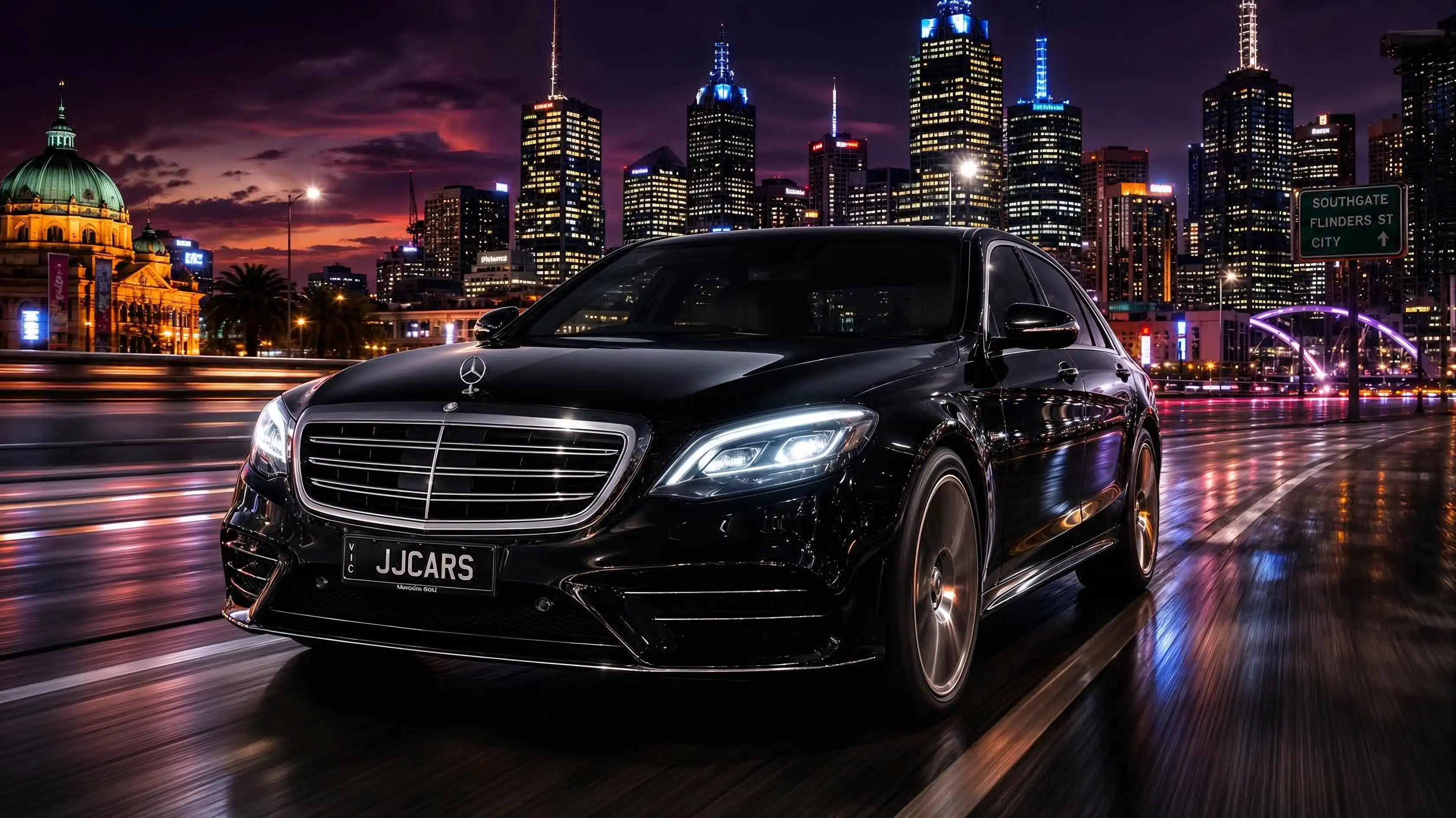 Black Mercedes luxury sedan on a Melbourne city street at dusk with JJ CARS plates