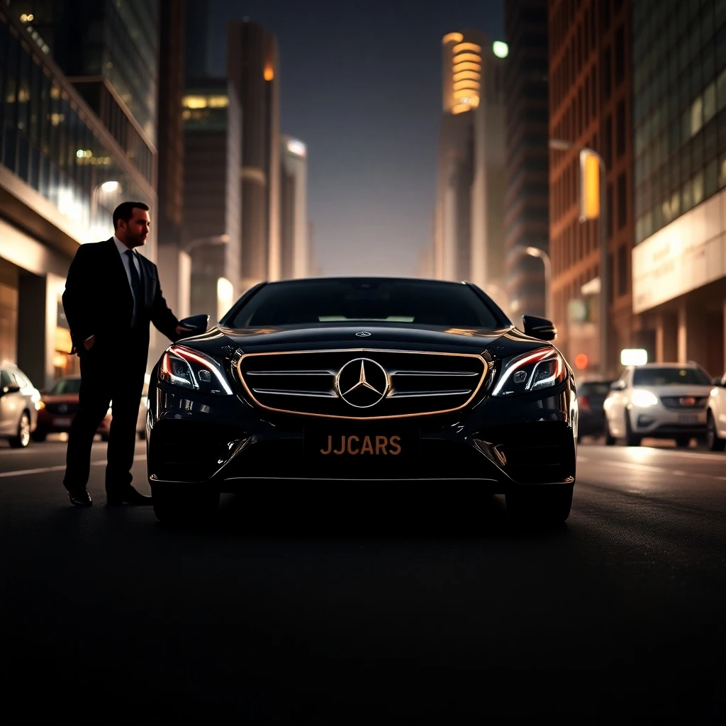 Professional chauffeur standing beside a Mercedes sedan in Melbourne