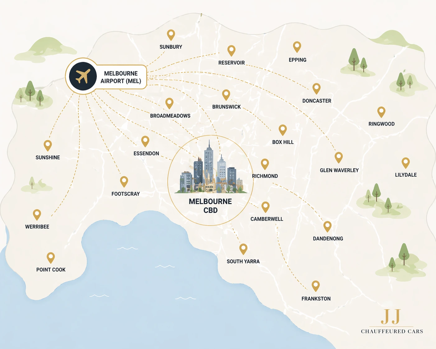 Melbourne suburbs map showing airport transfer service coverage areas